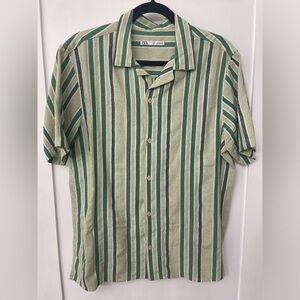 Zara Linen Green Stripe Short Sleeve Button Up